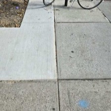 New sidewalk section around a tree pit with a bicycle locked to a pole